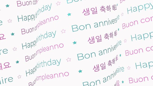 Happy birthday text pattern moving animation, looping and seamless animated 4k background. video with words in Italian, french, english and Korean languages