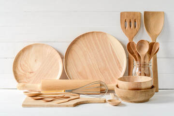 Still life with wood utensils on wood table background