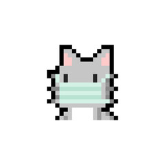 Pixel art  cartoon cat wearing mask icon design.