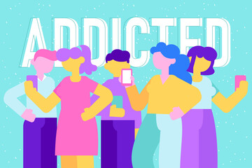 Obraz premium Gadget addicted people concept. Men and woman use their smartphones banner. Online news, play games, social media, internet. Modern flat style vector illustration