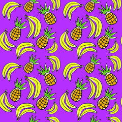 Seamless vector pattern with banana and pineapple on pink background. design of wrapping paper, textile, print.