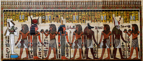 Egyptian papyrus with pharaoh and gods elements. Ancient Egypt scene and mythology.