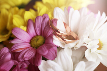 Fototapeta na wymiar Closeup of wedding rings on color flowers