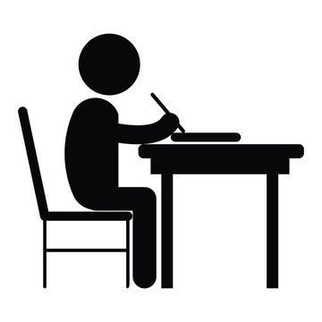 Student Studying. Black and white pictogram depicting stick figure sitting on chair at desk studying writing working. Vector File