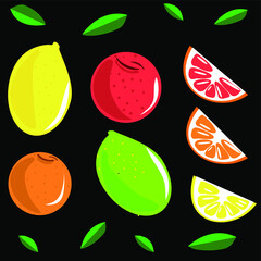 citrus fruit on a black background with leaves whole and sliced