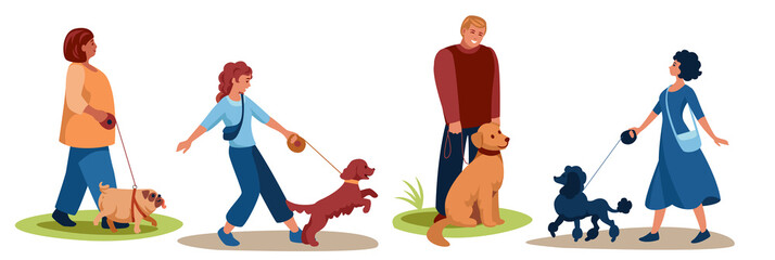 Dogs of different breeds, similar to their owners, are walking.