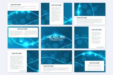 Big set of vector templates for presentation slides. Modern graphic background structure molecule and communication. Scientific pattern atom DNA. Medical, science, chemistry design.