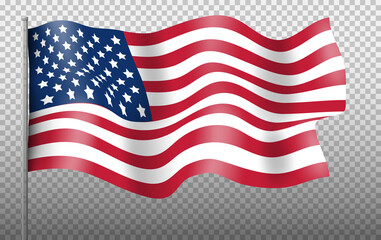 Waving Flag of the United States of America On Transparent Background. American Flag for Independence Day. Vector EPS10