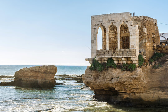 Balcony built in traditional Lebanese style on a rock by the sea, Makaad el Mir or Prince's Seat, Batroun, Lebanon