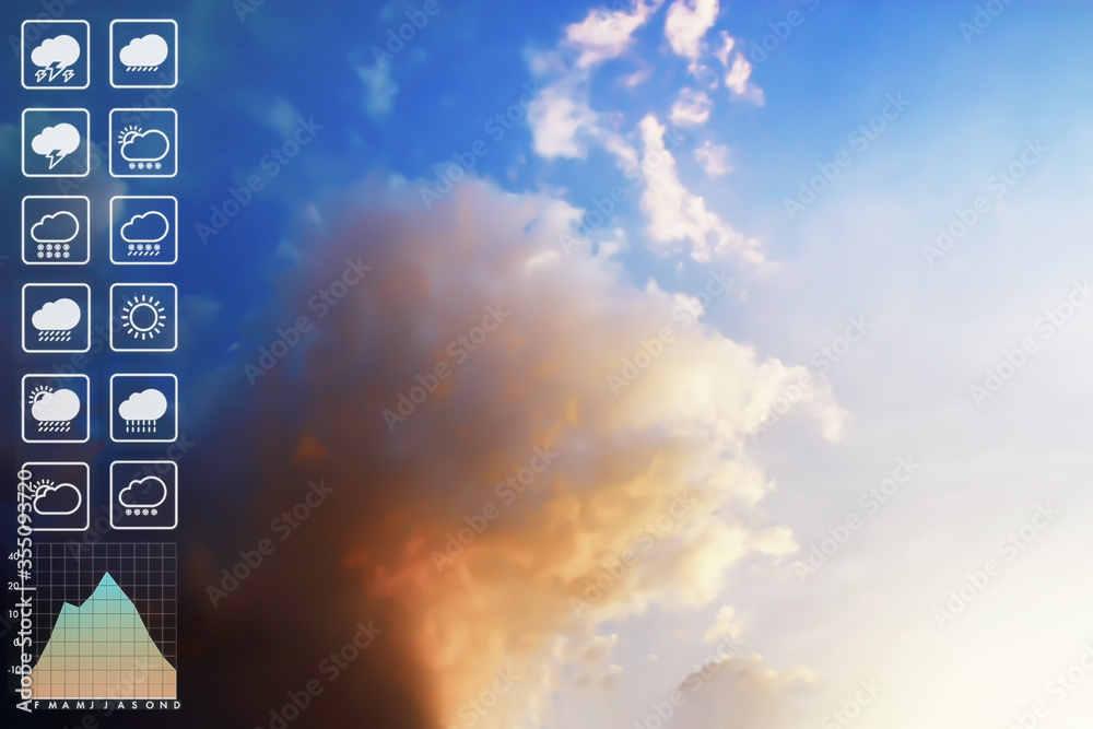 Wall mural weather forecast symbol data presentation with graph and chart on dramatic atmosphere panorama view 