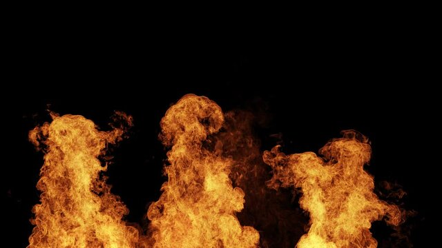 Loopable 3d render of realistic fire from the bottom of screen. Flame simulation sequence.