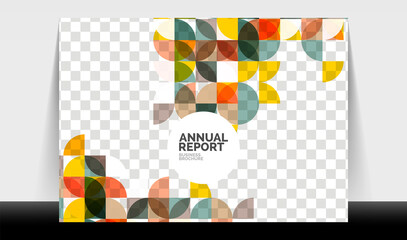 Horizontal A4 business flyer annual report template, circles and triangle style shapes modern geometric design for brochure layout, magazine or booklet