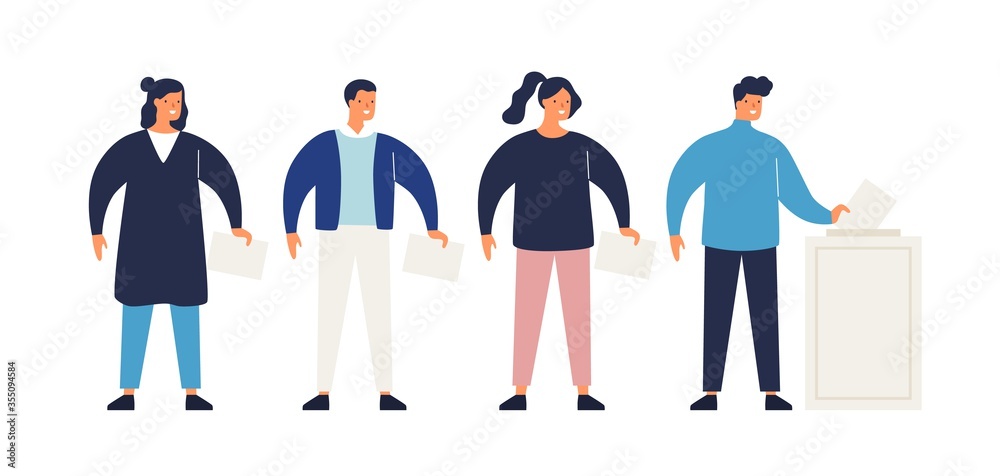 Aufkleber different people with ballots in queue during voting vector flat illustration. man and woman putting