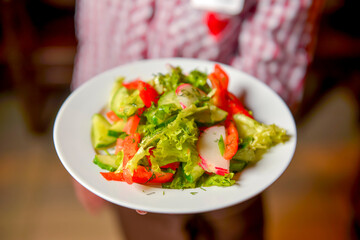Waiter serving vegetable salad with juicy tomatoes, lettuce, radish, cucumber. Restaurant service.