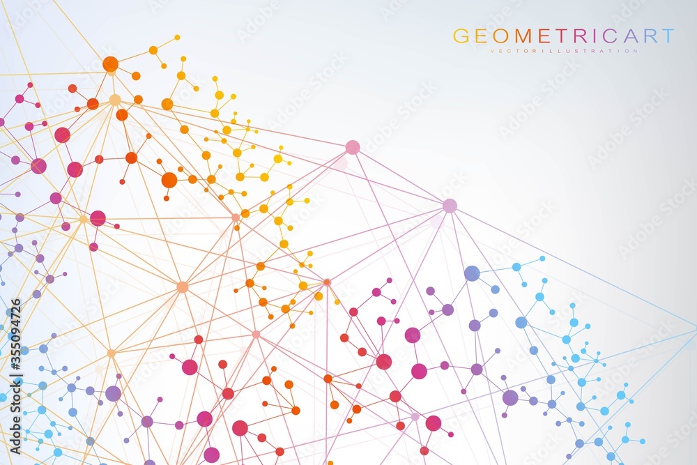 Fototapete Geometric abstract background with connected line and dots. Structure molecule and communication. Big Data Visualization. Medical, technology, science background. Vector illustration.