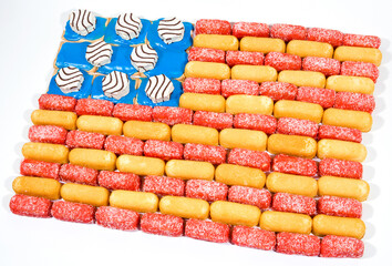 An American flag created from an assembly of snack cakes and other junk food.