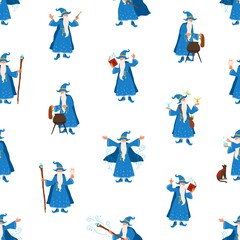 Bearded elderly wizard making magic vector flat illustration. Fairytail old gray haired character practicing mystical enchantment or wizardry seamless pattern. Funny sorcerer during witchcraft