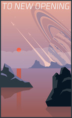 Distant Planet Landscape Poster, Rockets Launch, Saturn