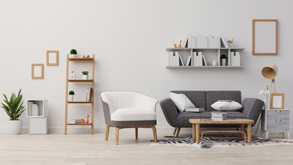 Interior poster mock up living room with colorful white sofa . 3D rendering.
