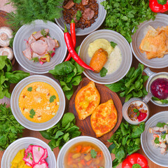 View from above of georgian cuisine on brown wooden table. Top view. Copy space for text.