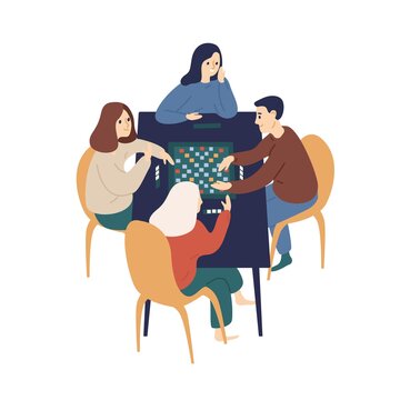 Smiling Family Playing Board Game With Chips Vector Flat Illustration. Happy People Sitting At Table Enjoying Home Leisure Isolated On White Background. Cute Man And Woman Spending Time Together