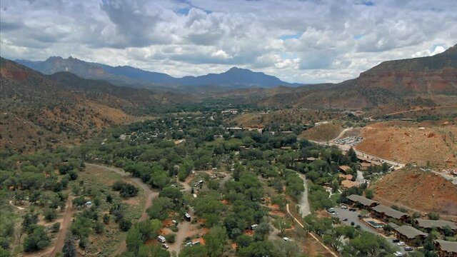 Aerial: Springdale, a town at the entrance of Zion National Park. Utah, USA