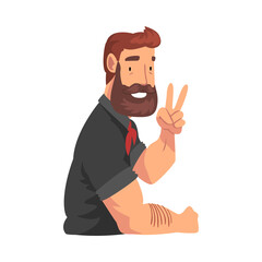 Bearded Hipster Young Man Looking at Us and Showing Victory Sign Vector Illustration