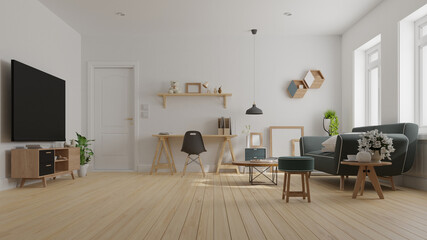 Interior poster mock up living room with blue armchair have cabinet and wood shelves on wood flooring and white wall ,3d rendering