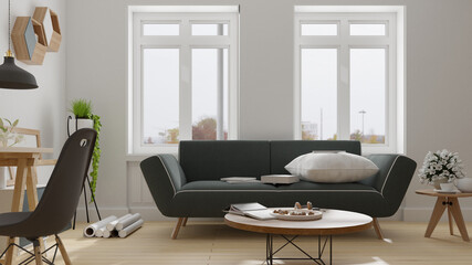 Interior poster mock up living room with blue armchair have cabinet and wood shelves on wood flooring and white wall ,3d rendering