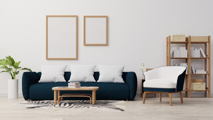 Interior poster mock up living room with colorful white sofa . 3D rendering.