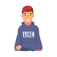 Sitting Smiling Young Man Looking at Us Cartoon Vector Illustration