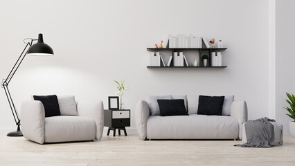 Interior poster mock up living room with colorful white sofa . 3D rendering.