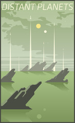 Distant Planet Landscape, Future Space Poster Propaganda, Space Rockets Launching, Sea, Crags