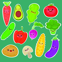 Set of vector illustration with cute vegetables: potatoes, broccoli, carrots, leaf, mushroom, tomato, avocado, radish, pepper, corn, eggplant, cucumber. Flat cartoon styyle.