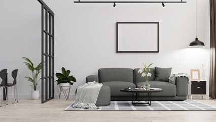 Interior poster mock up living room with colorful white sofa . 3D rendering.