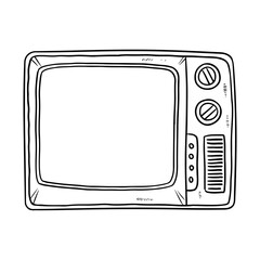 Retro TV doodle image. Cute vintage television black outline logo. Sketch lineart. Media highlights graphic vector symbol on white background