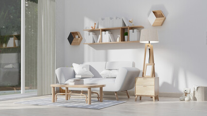 Interior poster mock up living room with colorful white sofa . 3D rendering.