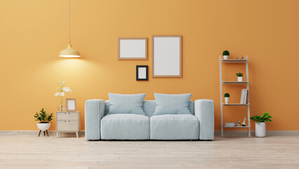 Interior mock up living room with sofa and green plants,lamp,table on Yellow wall background. 3d rendering
