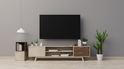 Interior mock up living room. LED TV on the dark wall in living room,minimal design,3d rendering