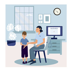 Kids vaccination in medical office room, doctor with medical vaccine against virus vector illustration for coronavirus covid-19 infection, protect children.