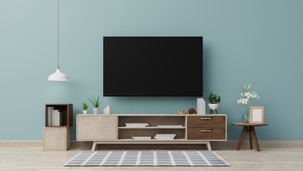 Interior mock up. TV on the cabinet in modern living room on blue wall background, 3d rendering