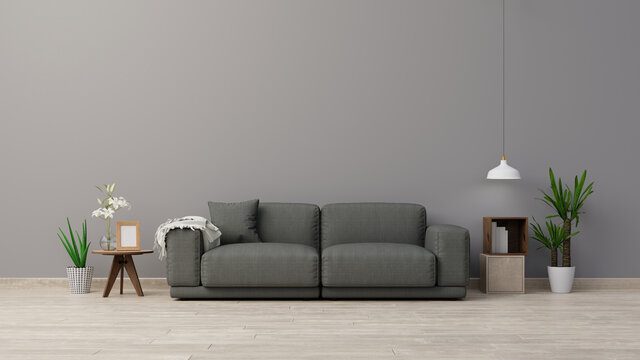 Interior mock up living room with sofa and green plants,lamp,table on gray wall background. 3d rendering
