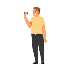 Smiling Obesity Man Taking Selfie Photo, Smiling Male Character Photographing Himself with Smartphone Cartoon Vector Illustration