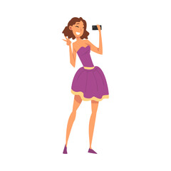Young Woman Taking Selfie Photo, Girl Wearing Short Purple Dress Photographing Herself with Smartphone Cartoon Vector Illustration