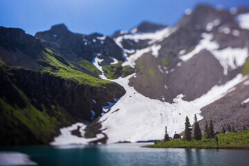 tilt shift lens giving the appearance of a miniature mountain landscape with snow and blue lake