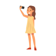 Smiling Girl Wearing Yellow Dress Taking Selfie Photo, Cute Child Character Photographing Herself with Smartphone Cartoon Vector Illustration