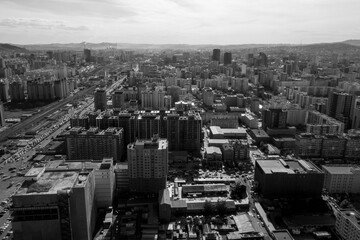 Aerial view of Ulaanbaatar, the capital of Mongolia, circa June 2019