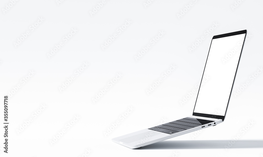 Poster 3d render of isolate with blank screen on white background, computer laptop mock up with copy space 