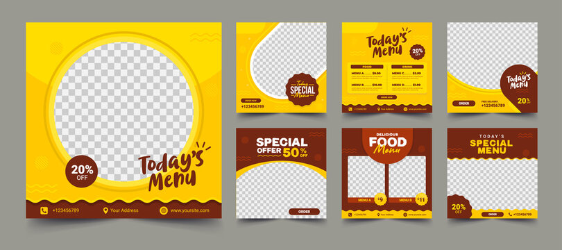 Set of Editable square banners. Food instagram post template design. Suitable for Social Media Post Restaurant and culinary Promotion. Red and yellow background color with stripe line shape vector. 