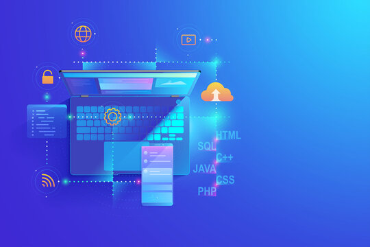 Web development, application design, coding and programming on laptop and smartphone concept with programming language and program code and layout on screen vector.